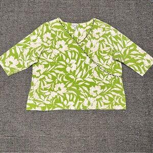 Kim Rogers Lime Green and Cream Floral V-Neck Top with Decorative Buttons